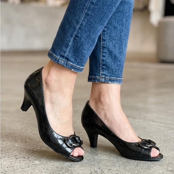 Merona Shoes - Merona Gunmetal Grey Peep Toe Heels – Silver Buckle Detail – Size 8